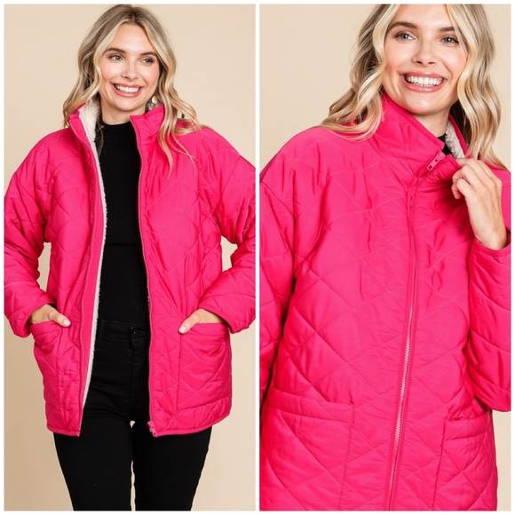 JODIFL Hot Pink Sherpa Lined Quilted Jacket - Picture 4 of 6